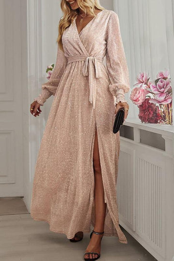 Woochic robe longue fendu le côté brillante paillette ceinture v-cou manches longues élégant de soirée pour mariage Champagne S
